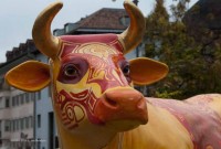 Closeup of the fiberglass cow, fall festival, Bolzano